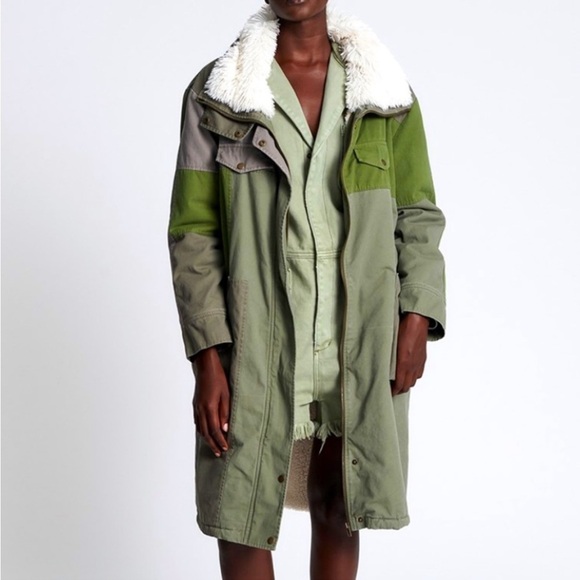 One Teaspoon Green Patchwork Twill Utility Defender Sherpa Fur Lined Coat Small - Picture 1 of 14